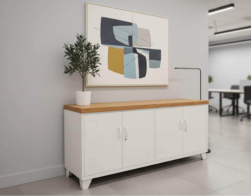 White Versatile Metal Locker Oak top