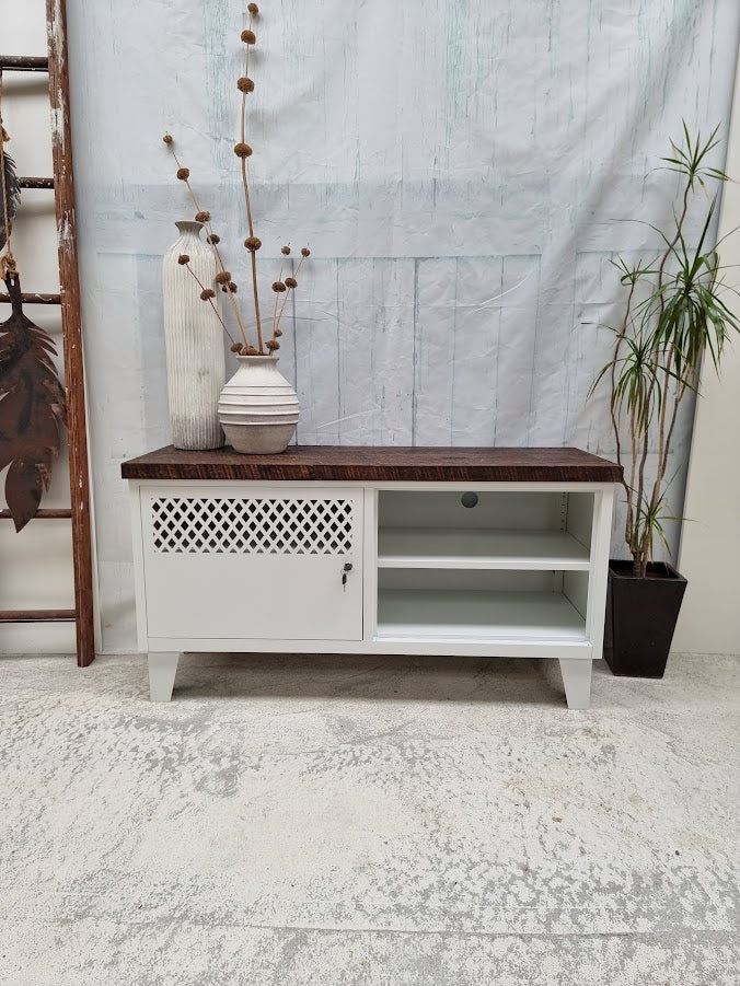 White TV Cabinet-Dark RUSTIC Rimu top (Lattice)