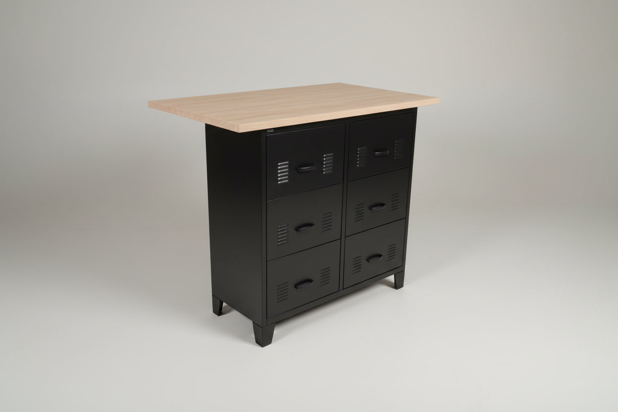 Black 6 drawers metal cabinet with a Oak Island top in a room setting.