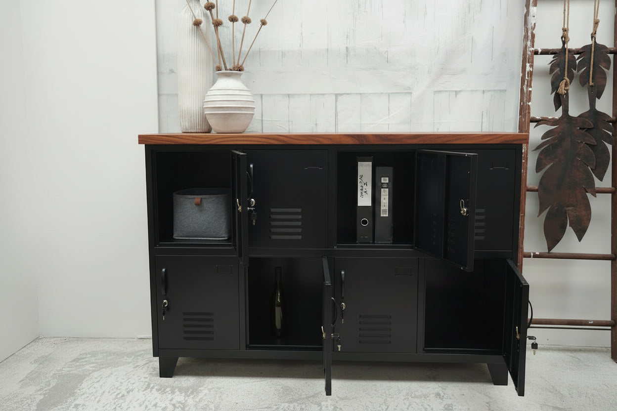 Black 8 door industrial locker cabinet with rimu top. door open to show excellent storage