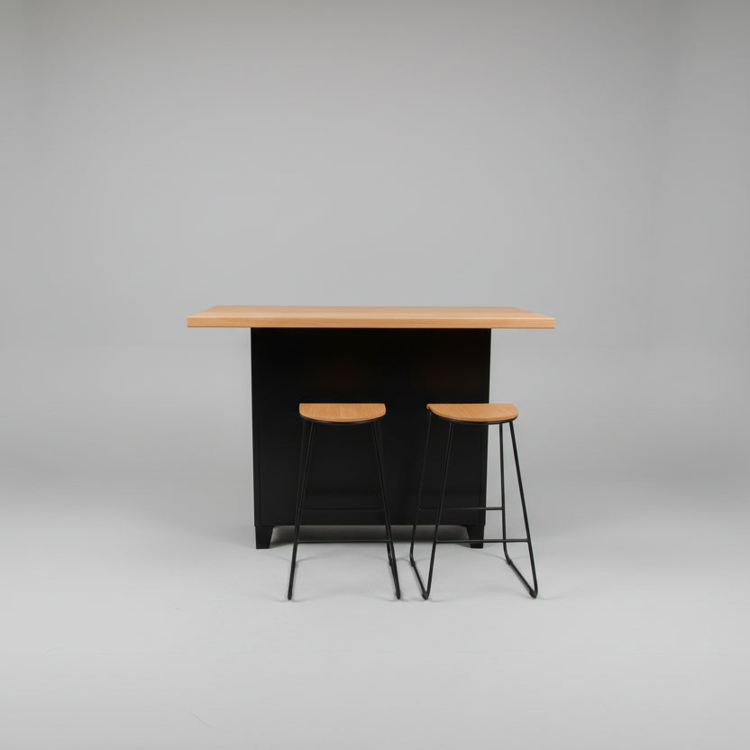 Black Industrial kitchen Island with Rimu top showing the back with 2 stools