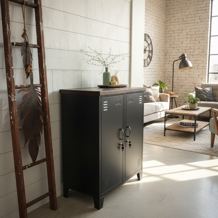 Matte Black double side cabinet with Dark stained Oak top, metal handles, and two adjustable shelves in each side, in entryway