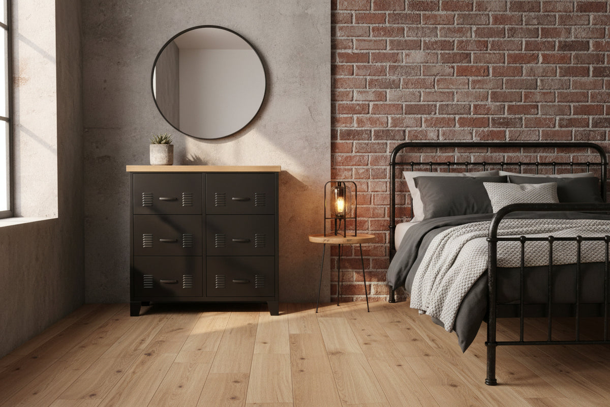 Black metal 6 drawer tallboy storage unit with decorative elements on a textured wall background