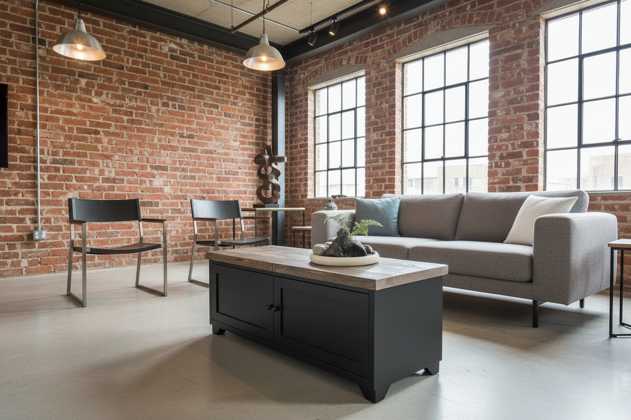 Black metal coffee table with storage and rustic dark Oak top in industrial waiting room