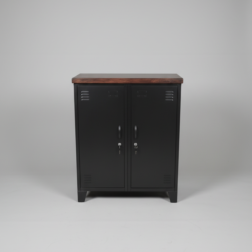 Black metal double side cabinet wit a dark Rimu top, sideboard-style locker storage with a Neutral backdrop.