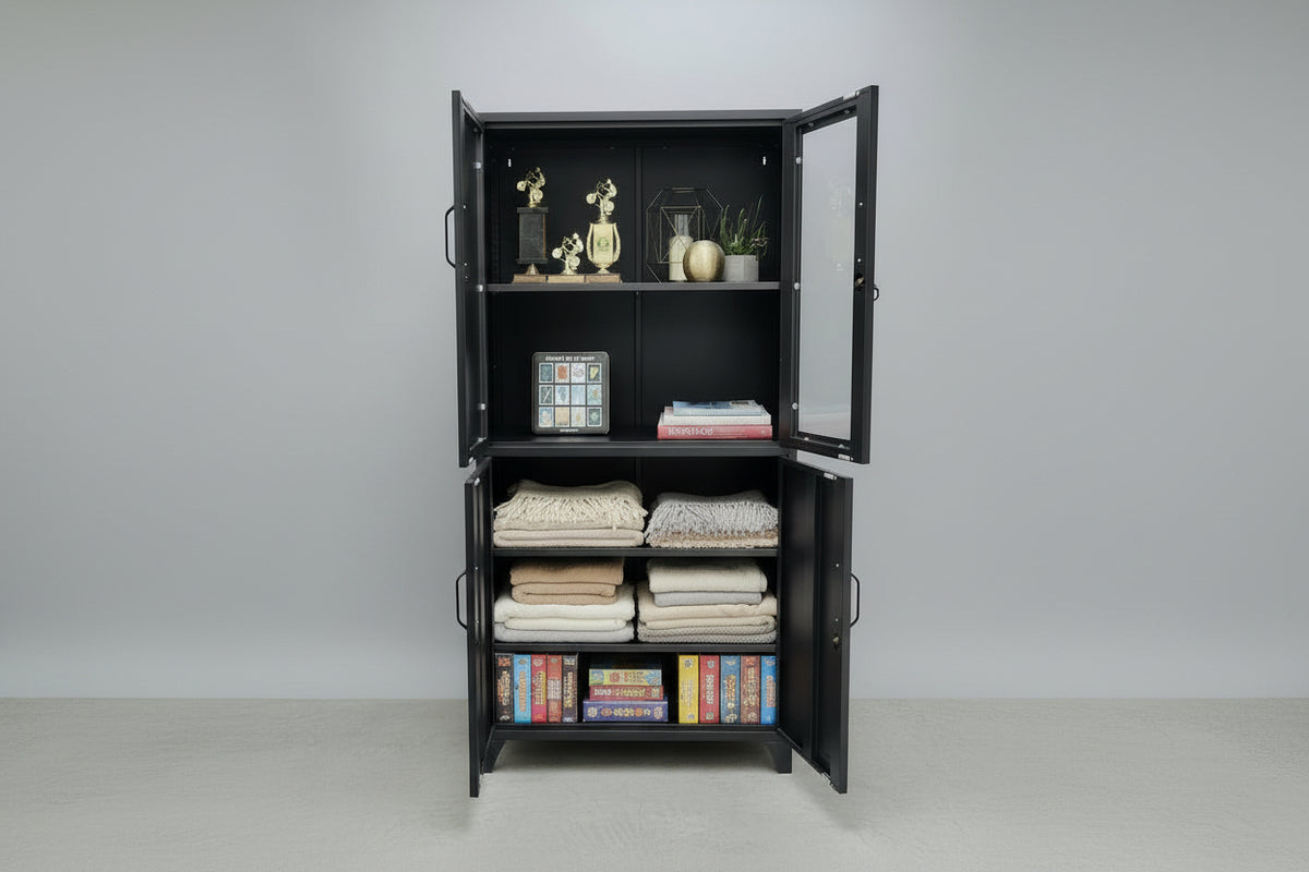 Black metal industrial bookshelf with open doors displaying books, trophies, and decorative items on a gray background