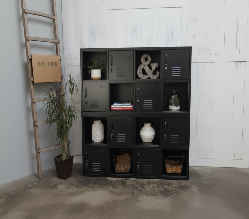 Black metal industrial locker-style shelf with decorative items against a white wall.