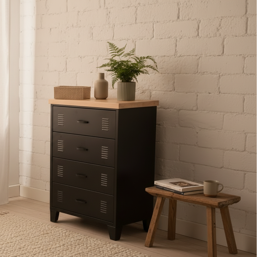 Black metal locker-style drawer set with oak top against a light gray wall.