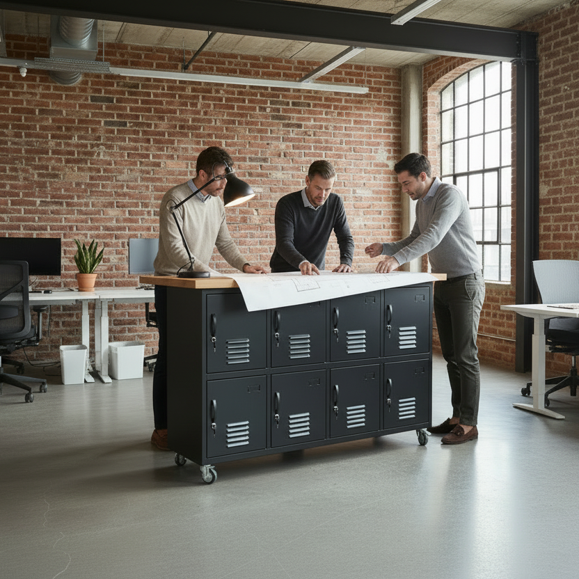 Black metal storage lockers with a Oak Island top in an office