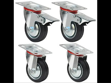 A set of four swivel caster wheels with two front wheels braked, each mounted on a metal plate with a visible shaft and bearing.
