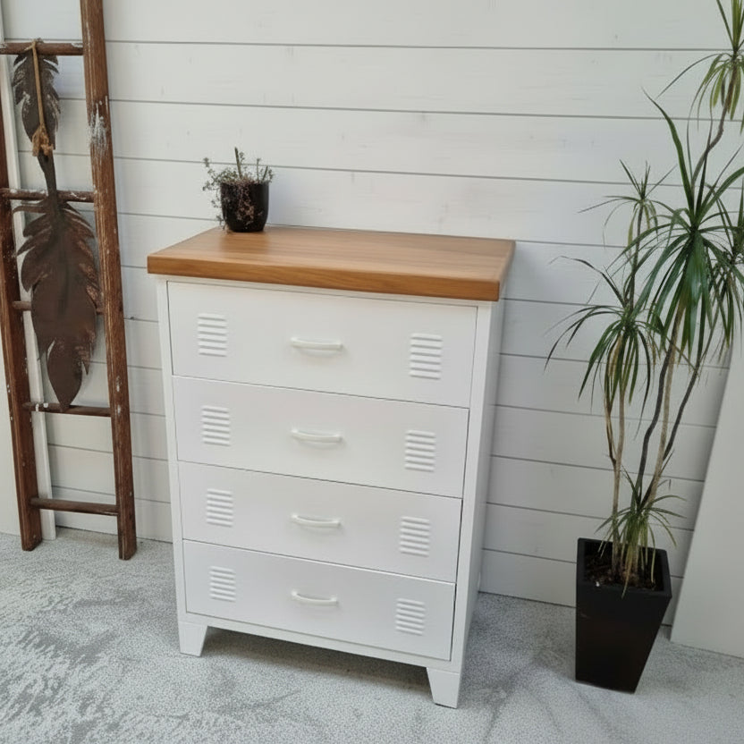 Industrial White metal tallboy storage cabinet with NZ Rimu top