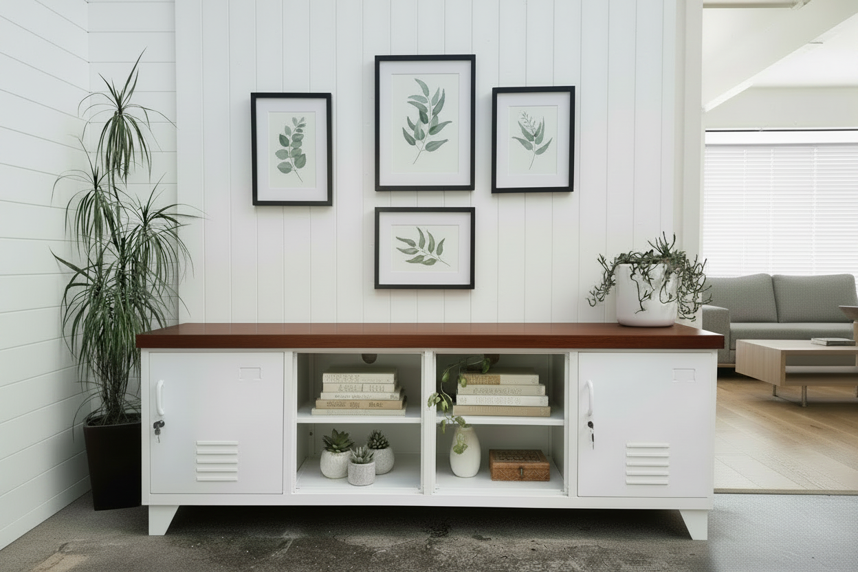 Large Industrial TV Cabinet- White - Dark Rimu top