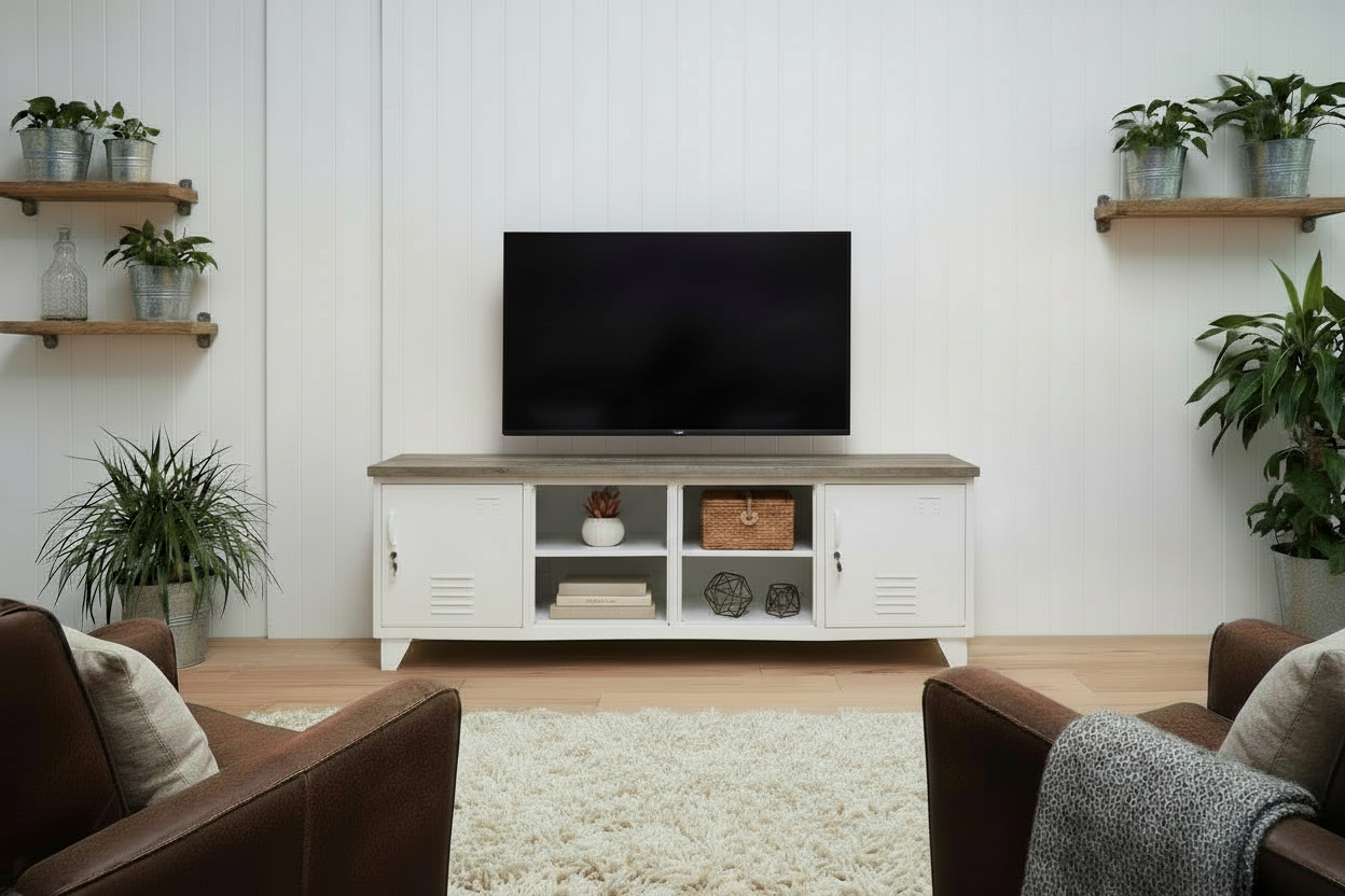 Large white metal industrial entertainment console with rustic grey top top with open display shelves in living room