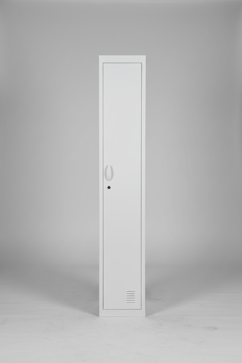 Tall narrow white single door locker in studio setting