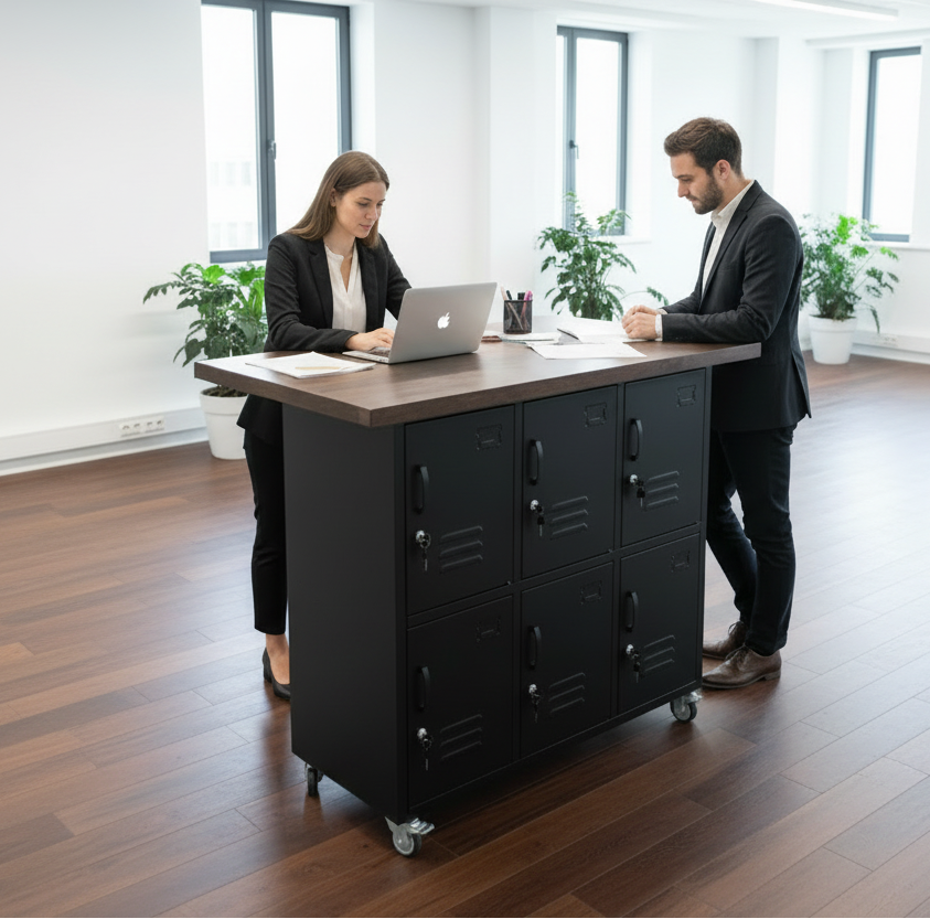 Office workstation black 6 Door locker Dark Oak