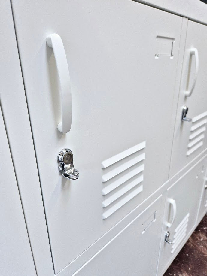 Close up of padlock latch on NZ Locker Shop door with vents and handles