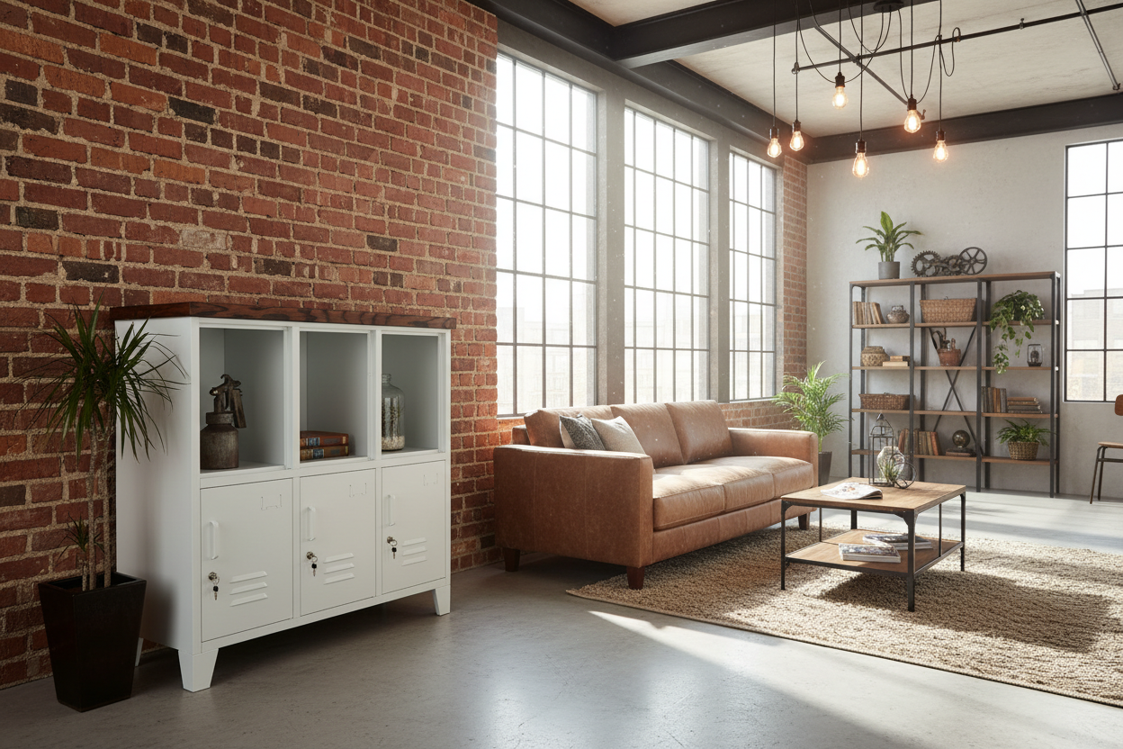 White metal cabinet with wooden Dark Rimu top in a room with plants and decorative items.
