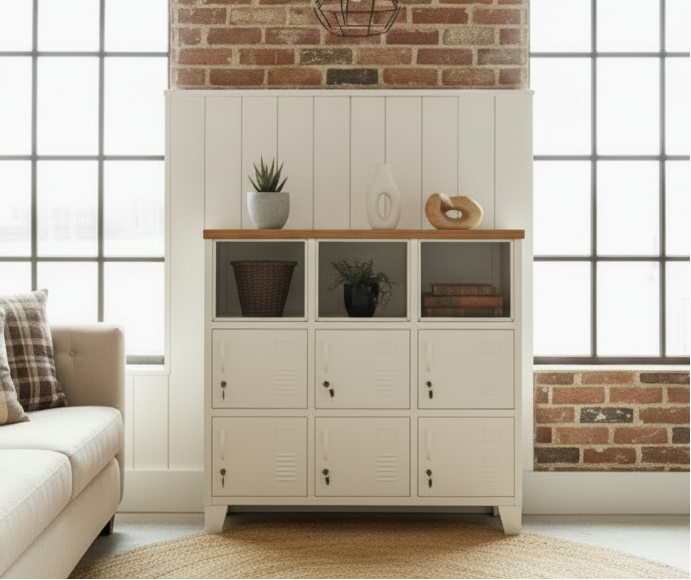 White cabinet with wooden top in a room with a couch and brick wall.