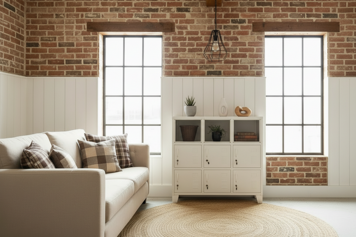 White 9 Door metal locker cabinet storage cabinet with shelves in a room setting
