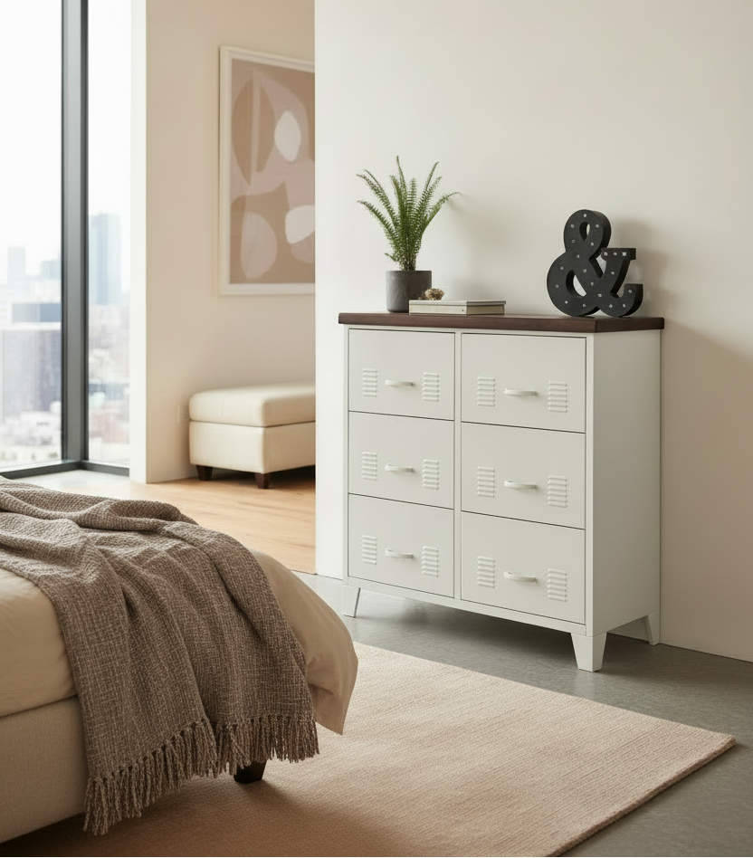 White Metal 6 Drawer Cabinet with Dark Rimu top in a bedroom
