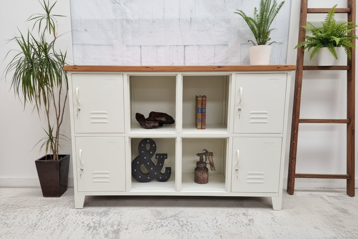 White 8 Door Metal Locker Cabinet - Rimu Top