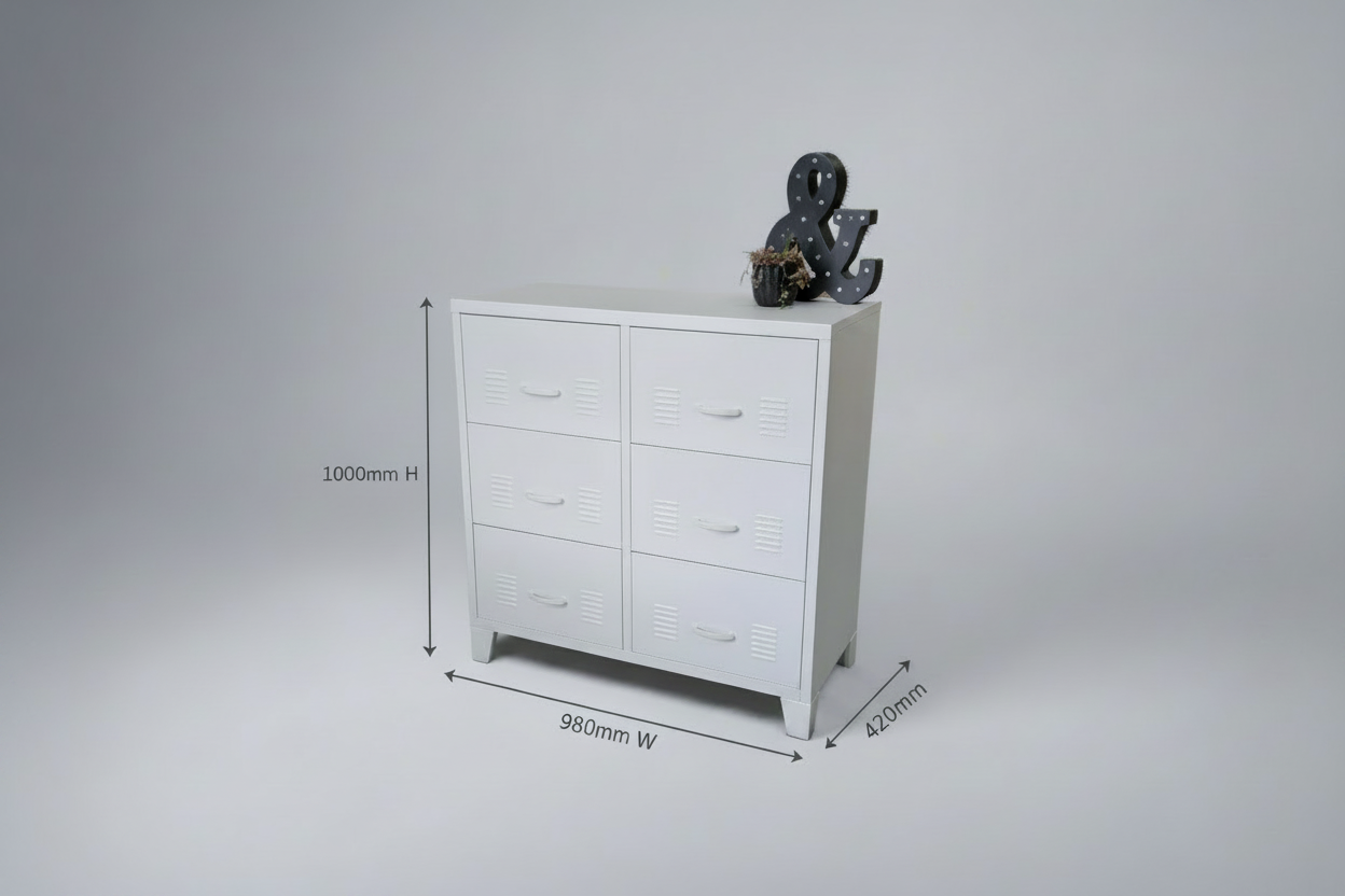 White metal dresser with dimensions labeled on a gray background