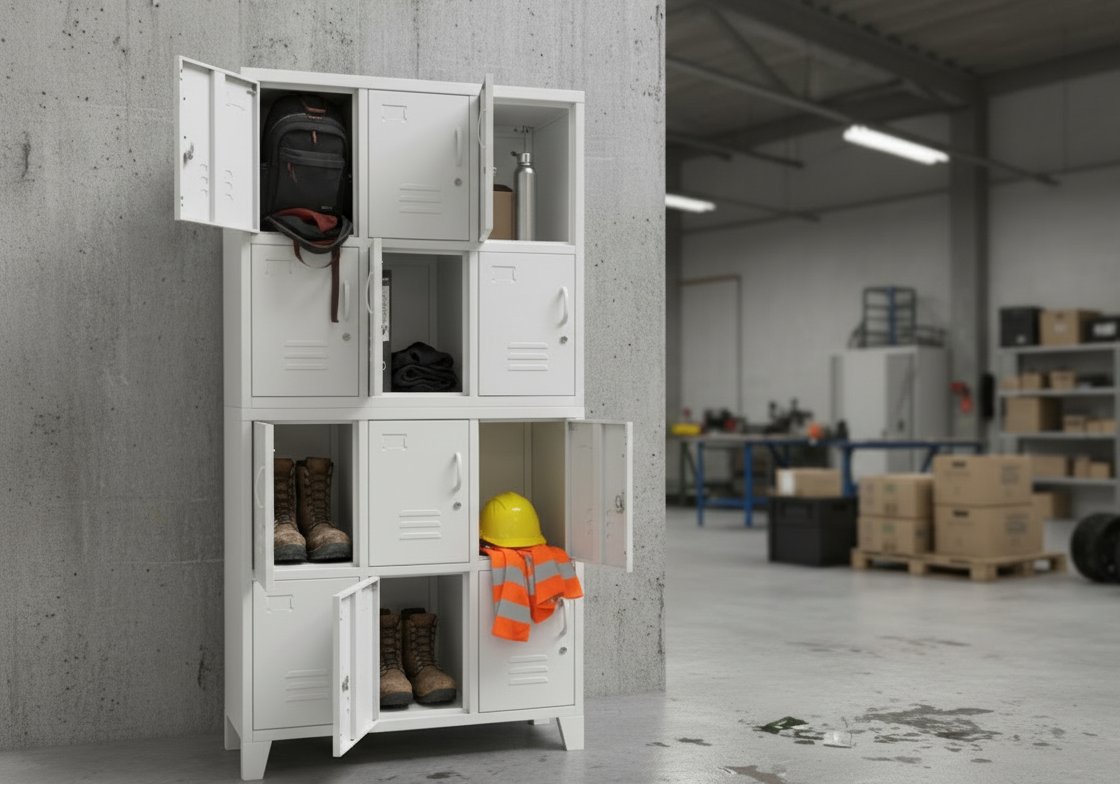 White metal Staff locker NZ in a warehouse