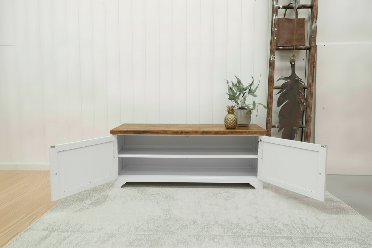 White metal TV cabinet with no shelf in storage, rustic Oak top