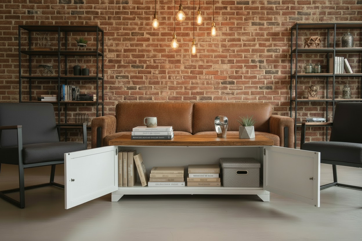 White metal industrial coffee table with Rustic Oak top storage