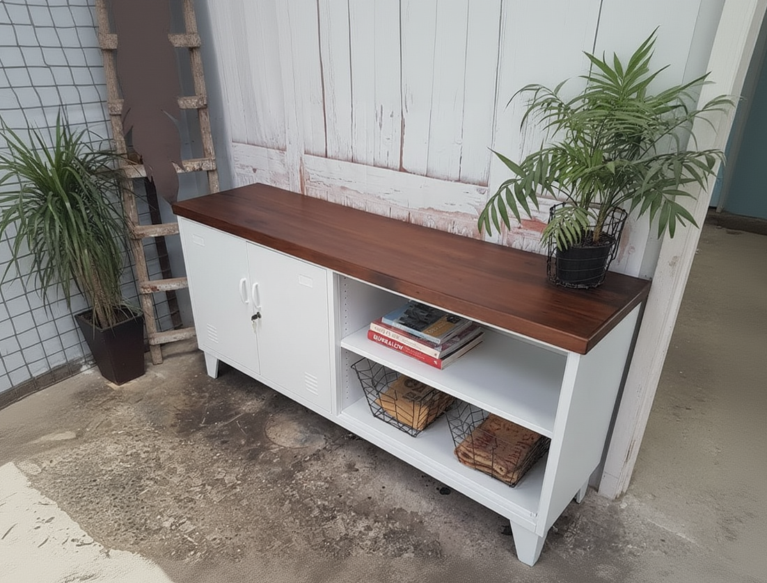White metal versatile cabinet with Dark stained Rimu top and shelves, plants, and books in an outdoor setting.