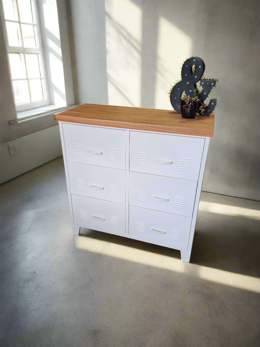 White Metal 6 Drawer Cabinet with Rimu top