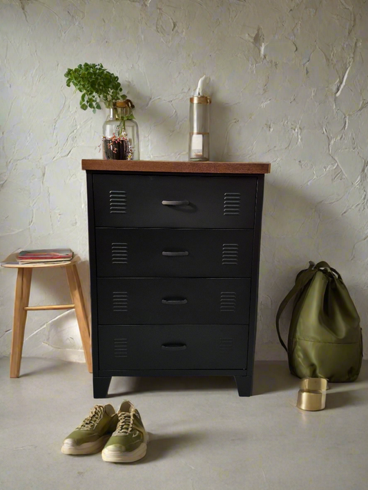 Black Tall boy Drawers Dark Oak top