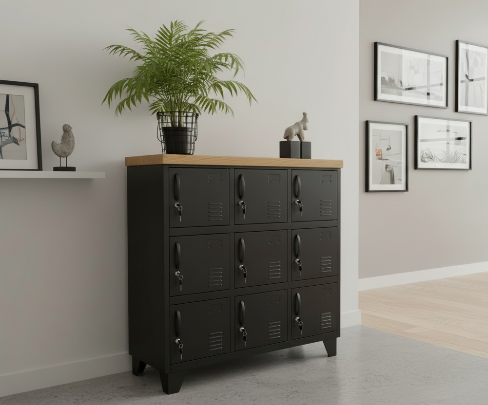 A black metal 9-door locker with an oak top in Office