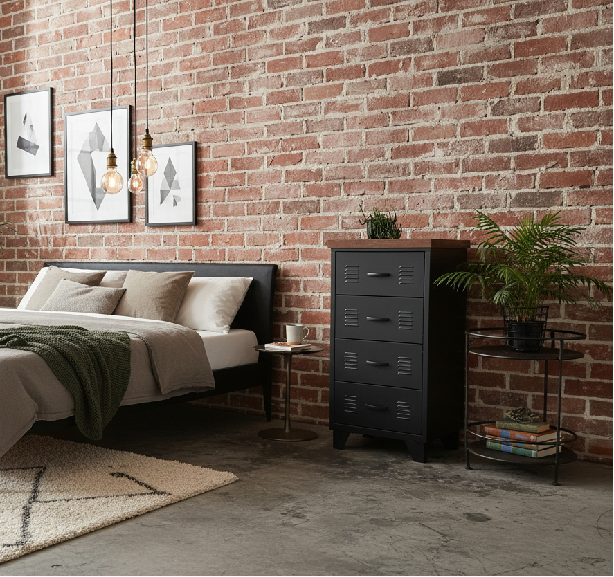 A black metal 4-drawer storage cabinet with a dark oak top, positioned in a room with a plant and a round metal side table beside it.
