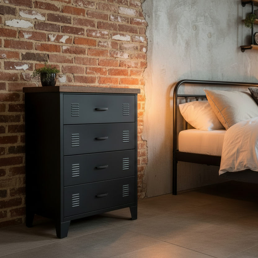 industrial Black metal chest of drawers with dark oak top in a room setting