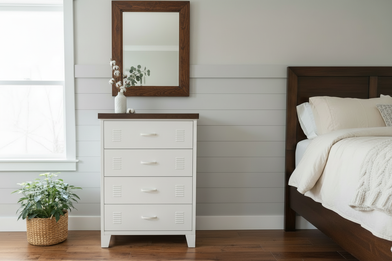 industrial white metal chest of drawers with dark oak top