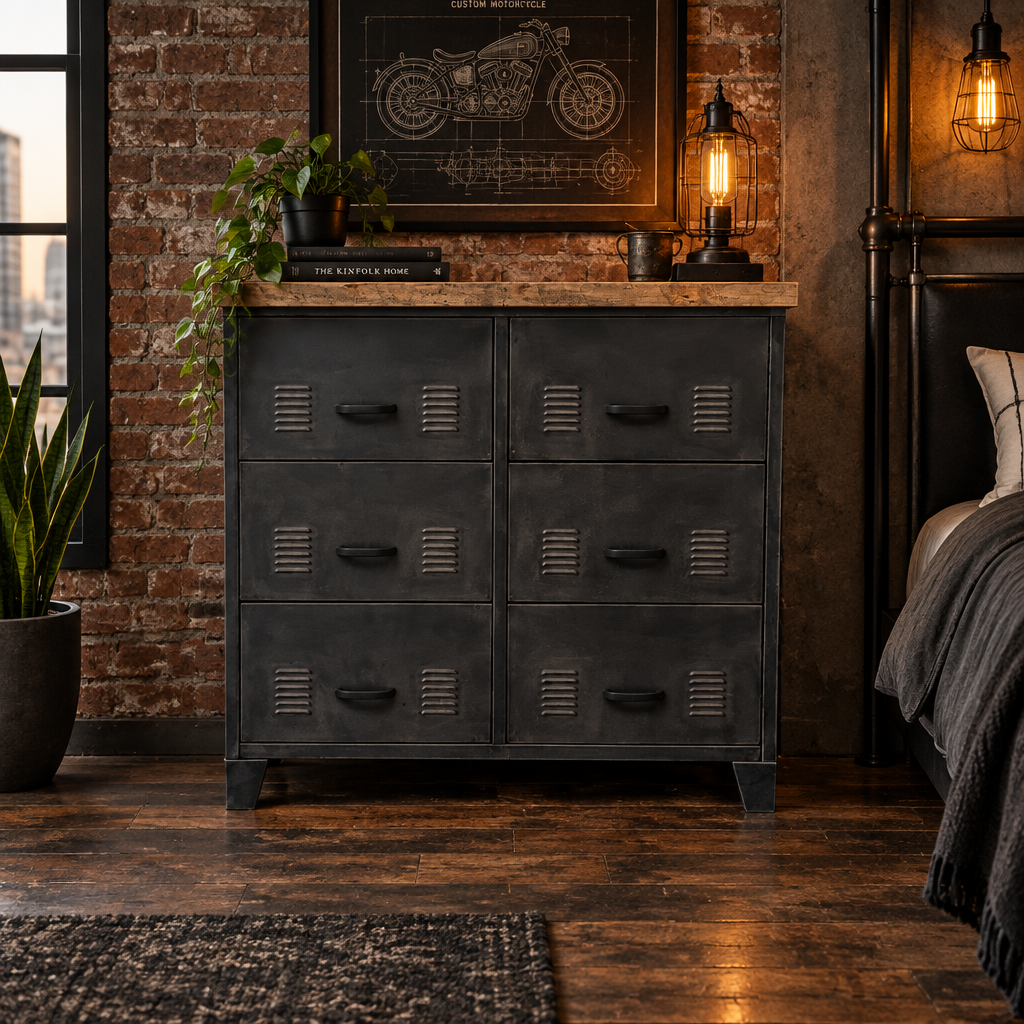 A rustic industrial-style chest of drawers with a light wood top and six gray metal drawers, shown in an industrial bedroom room