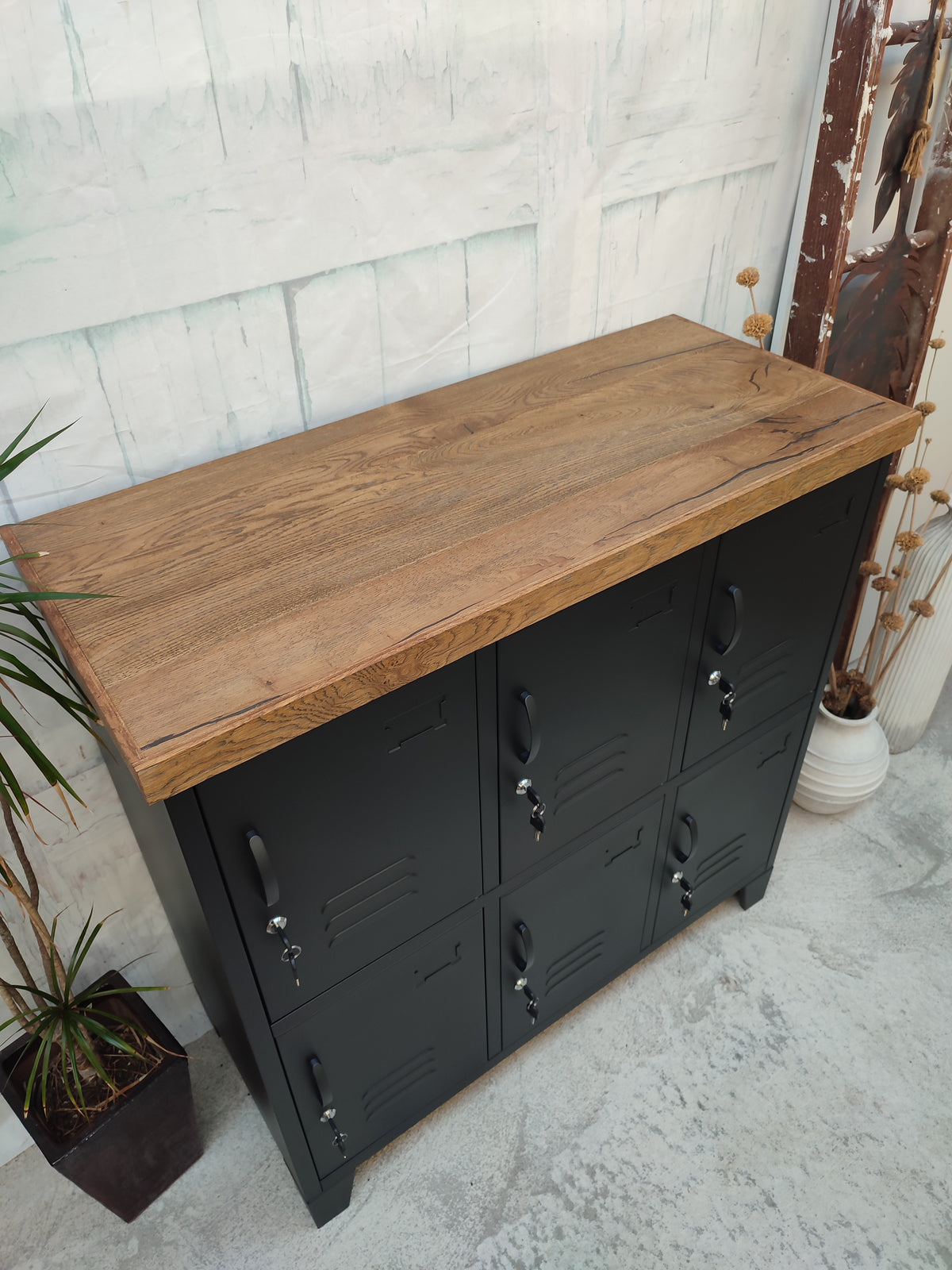 Black 6 Door Locker Rustic Oak top