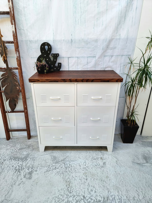 White 6 Drawer - Dark Oak top