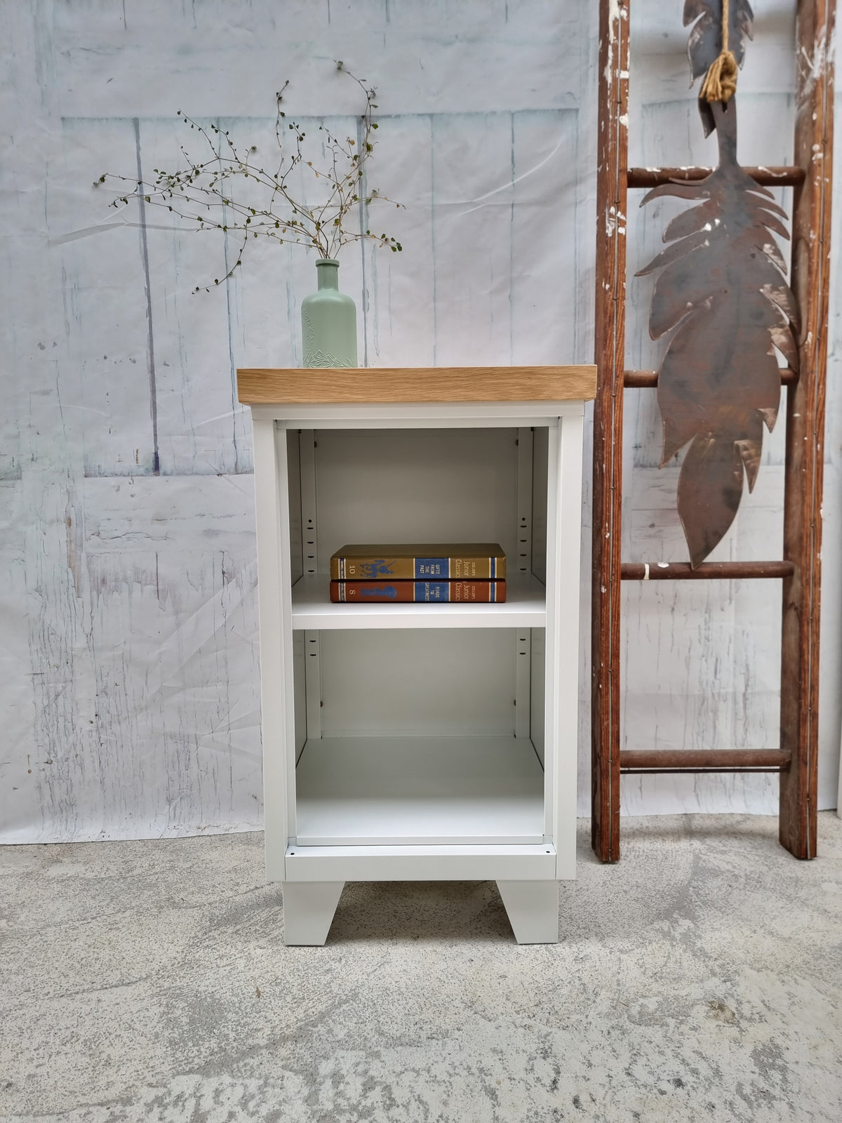 White Mini Metal Locker Bedside Set with Oak Top (Pair)