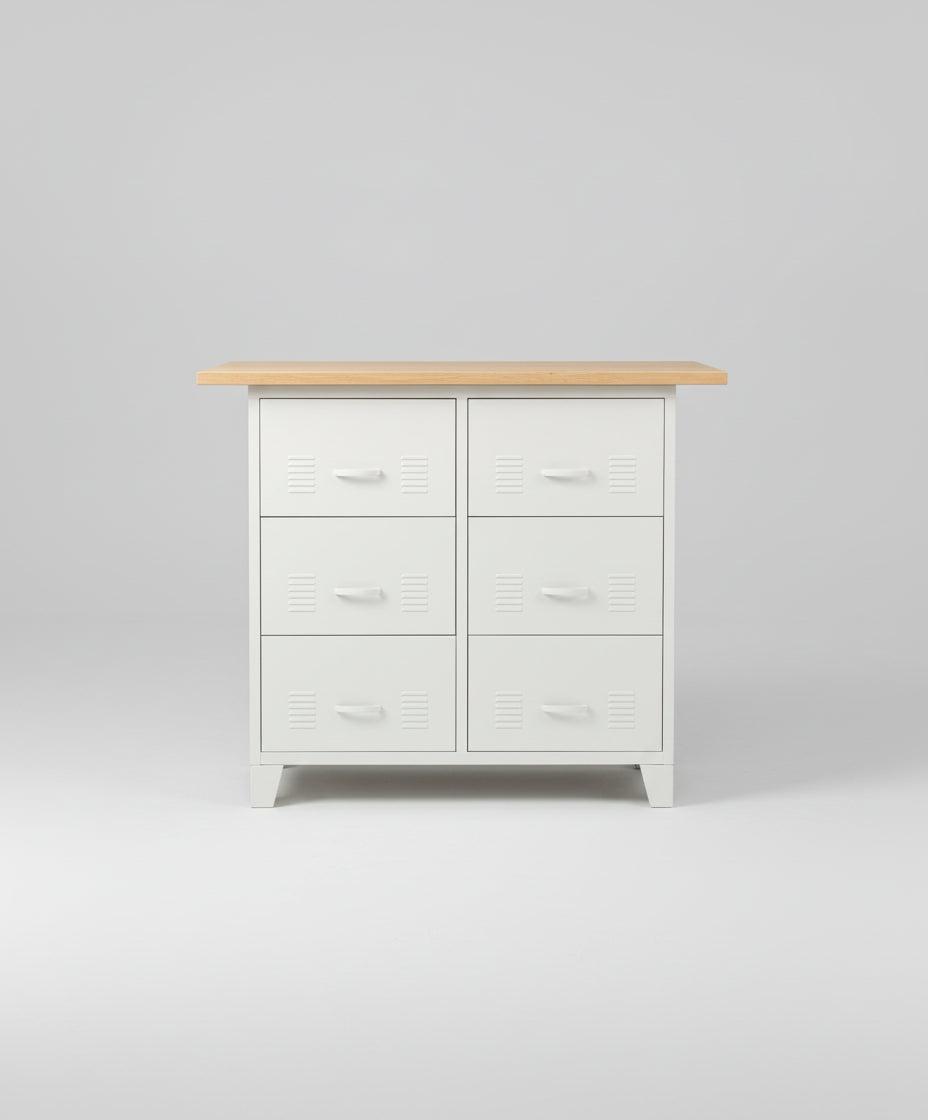 White Industrial Metal Kitchen Island – Drawer Base with Oak Top