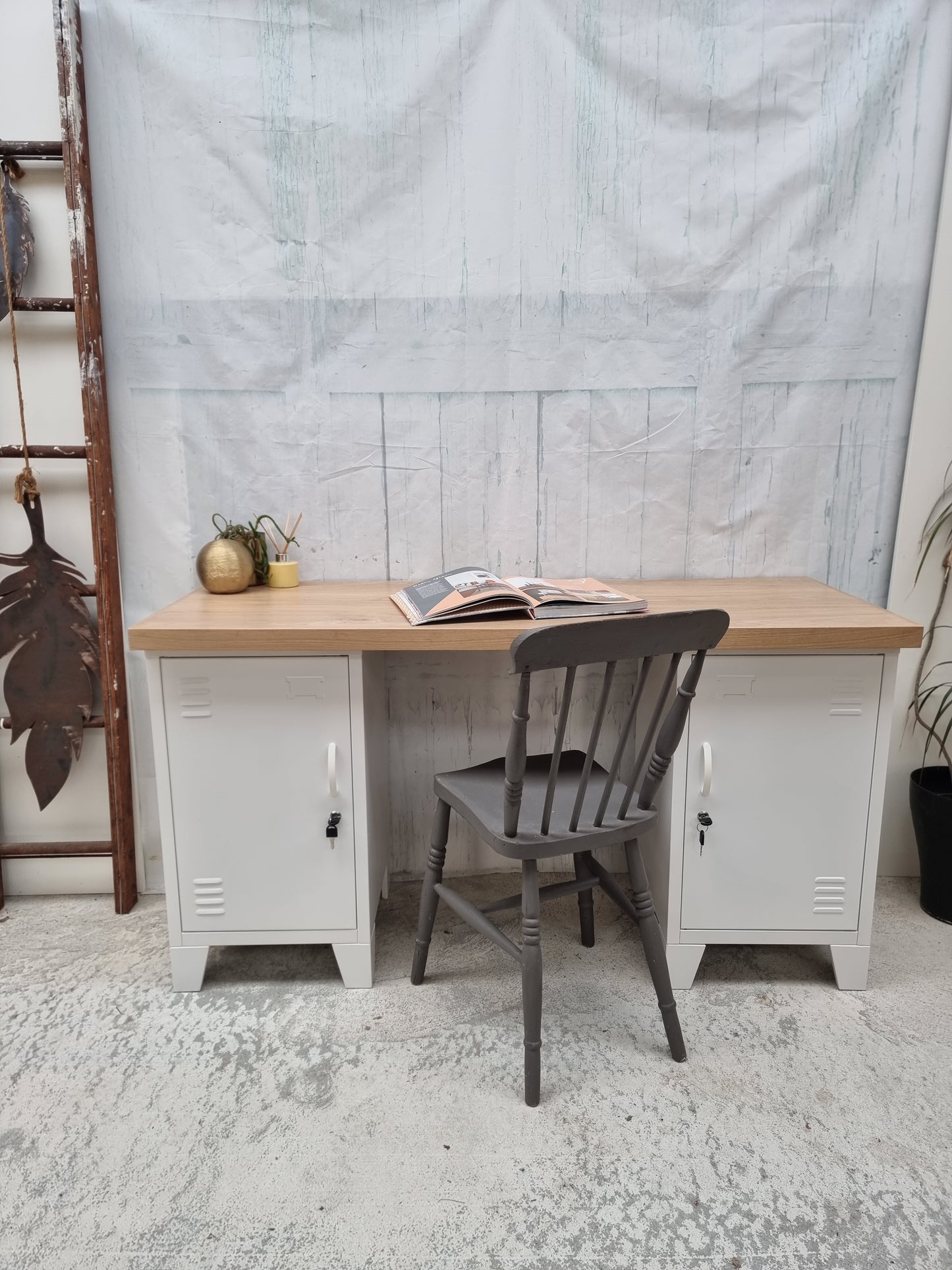Small White Metal Industrial style Oak Desk