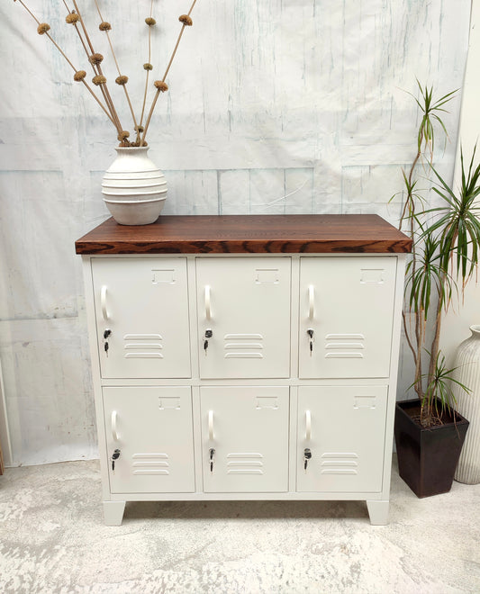 White 6 Door Locker Dark Oak top