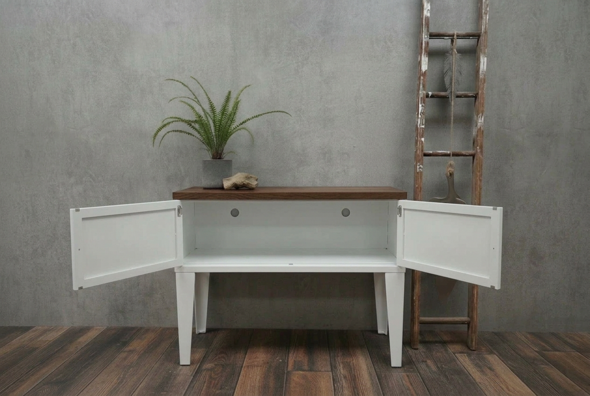 White metal Industrial Metal Hall Table Cabinet – Storage Console with open doors and a Dark oak top