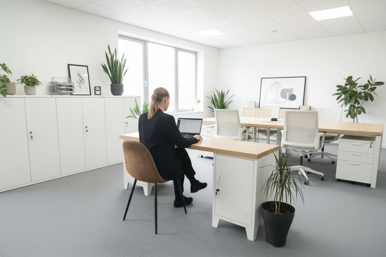 White locker desk with oak top, person sitting in chair in office
