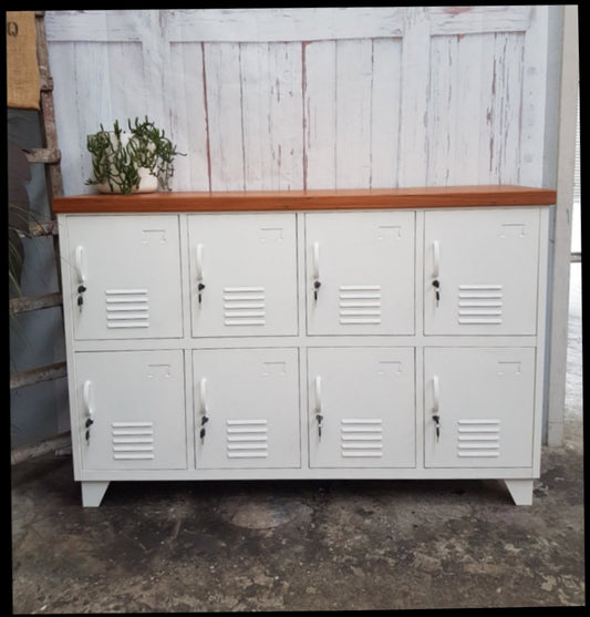 White 8 Door Sideboard Locker with Rimu Top