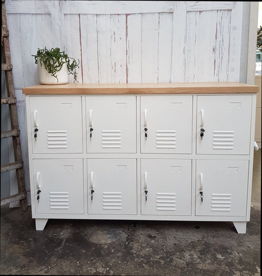 White 8 Door Sideboard Locker Oak Top