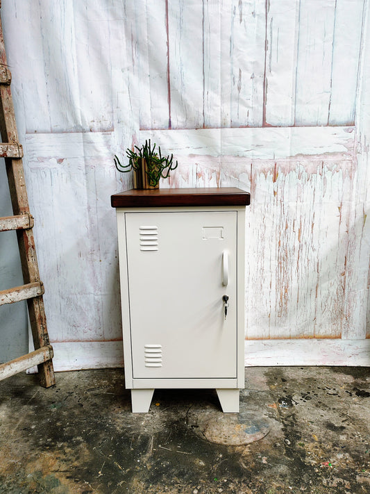 Left opening White Mini Locker-Dark Rimu top