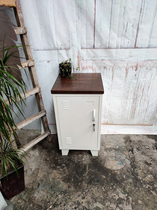 Left opening White Mini Locker-Dark Oak top
