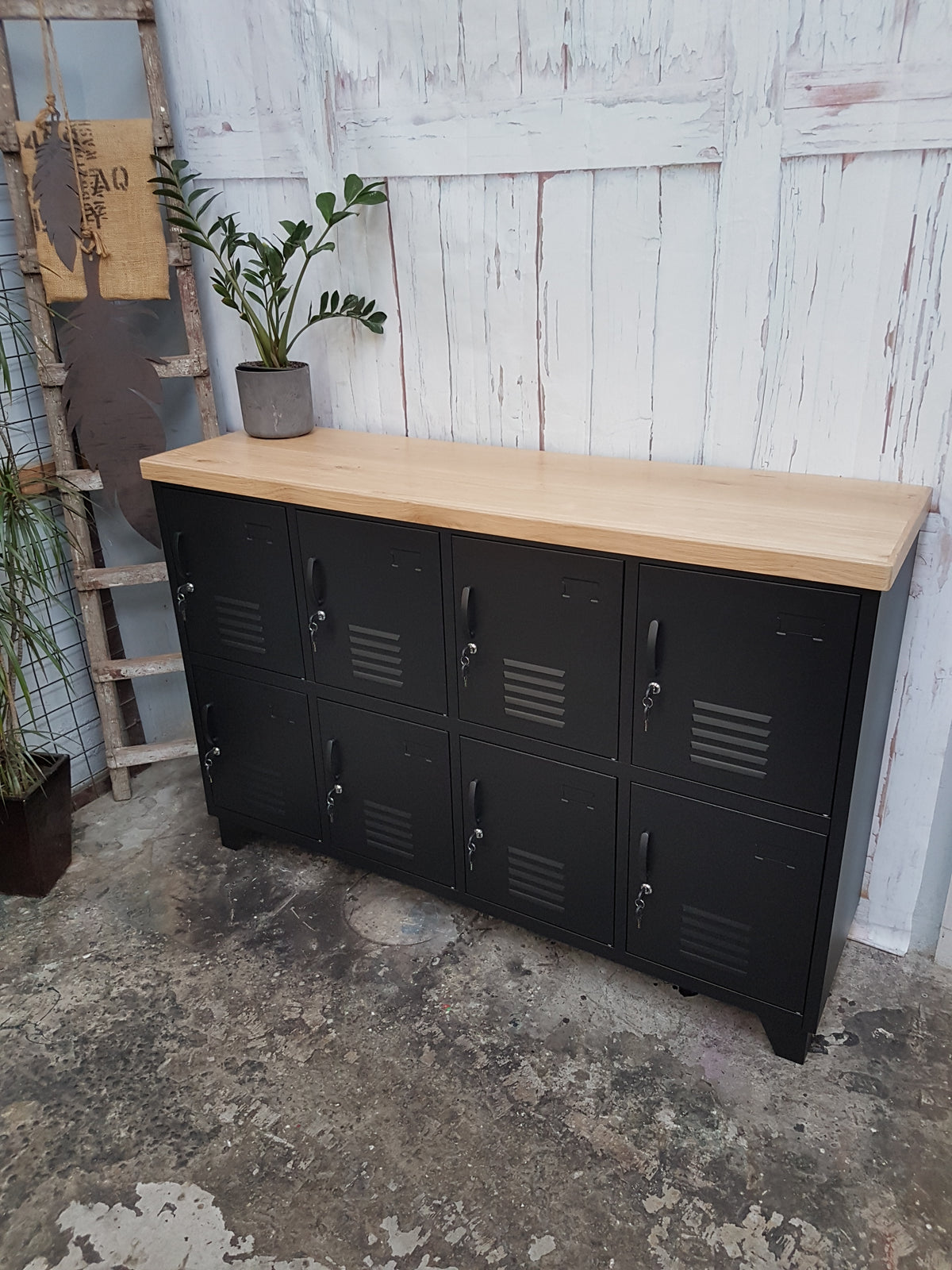 Industrial metal sideboard locker as staff locker with Oak top